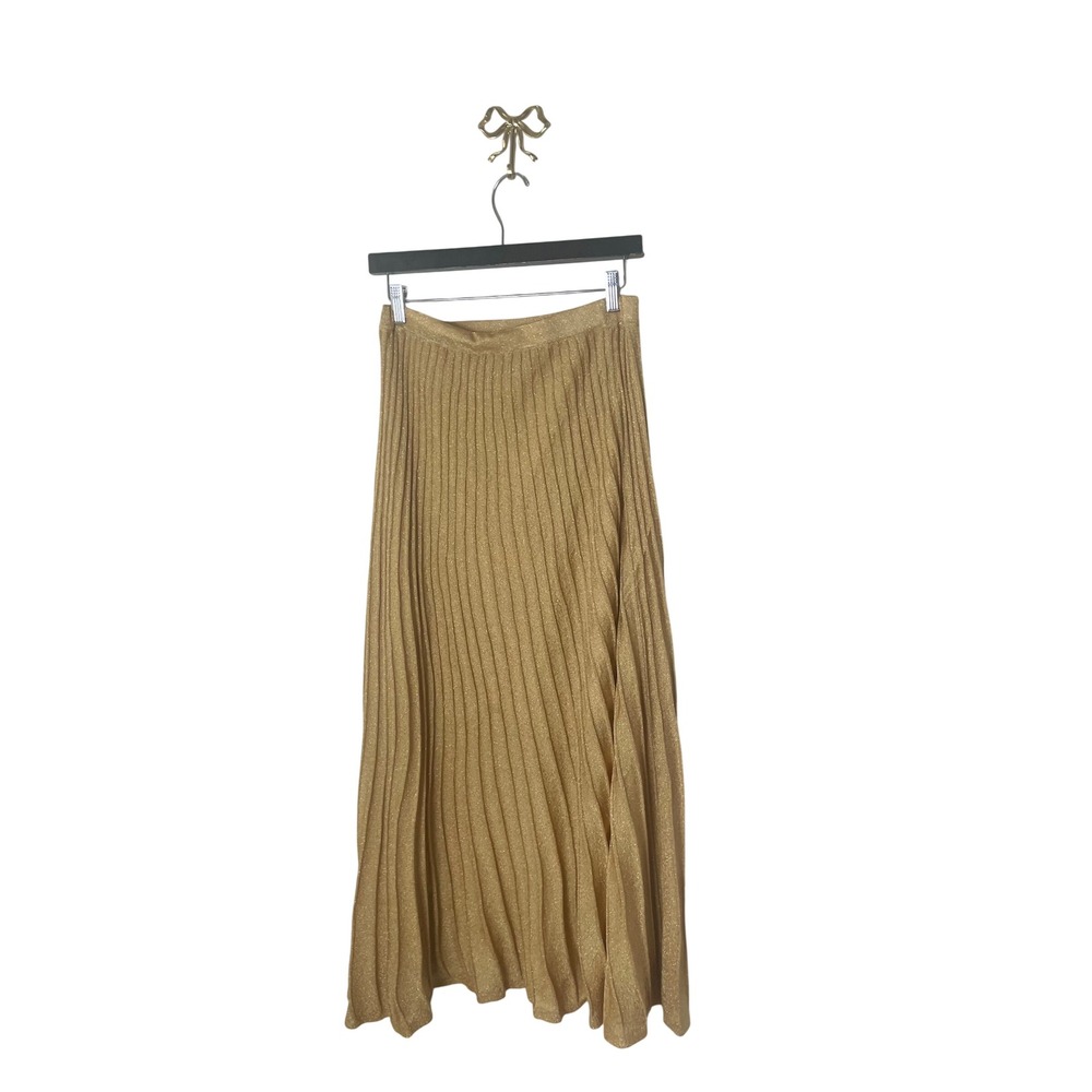 Sandro Paris Gold Metallic Pleated Midi Skirt Side Slit Knit Size 2 - Picture 5 of 9